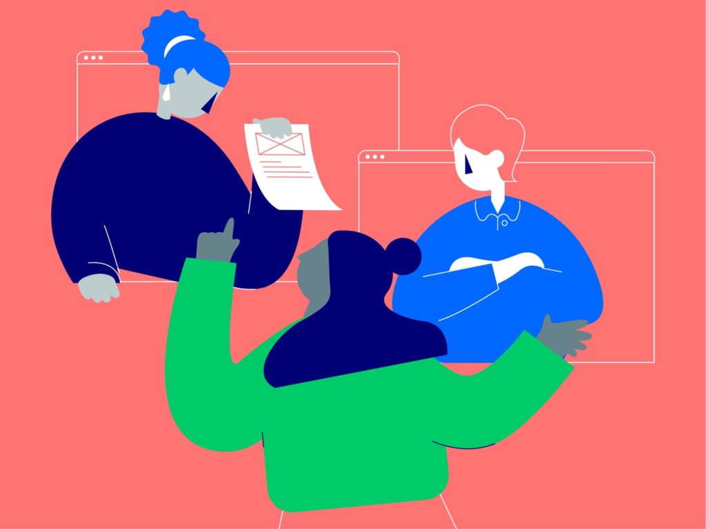 Three illustrated characters interacting with each other. Two are showing above in web tabs, as one is below them and pointing to a report in one of the illustrated characters hands, showing teamwork and collaboration.
