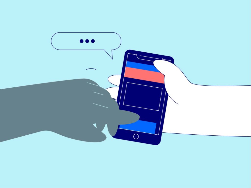 Illustration of a hand holding a smartphone with another hand pointing to the screen representing the accessibility of the Mindful Education Virtual Learning Environment.
