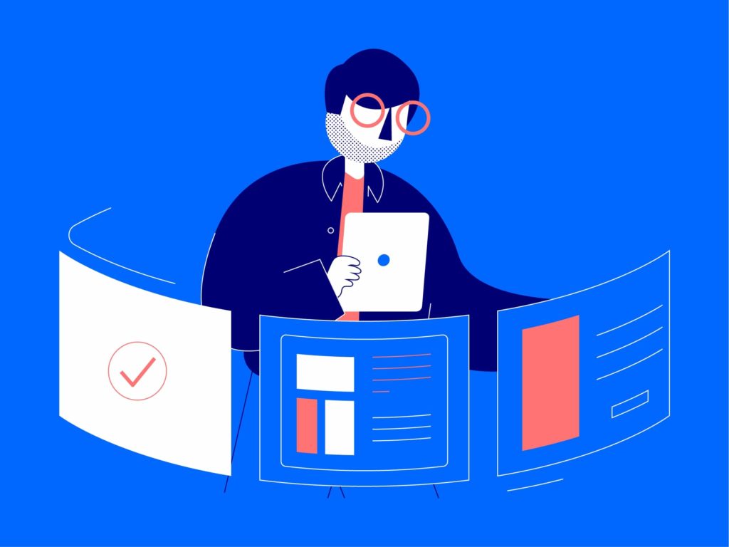 Illustration of a character holding a tablet, surrounded by three floating tabs below him, symbolising work ethic.