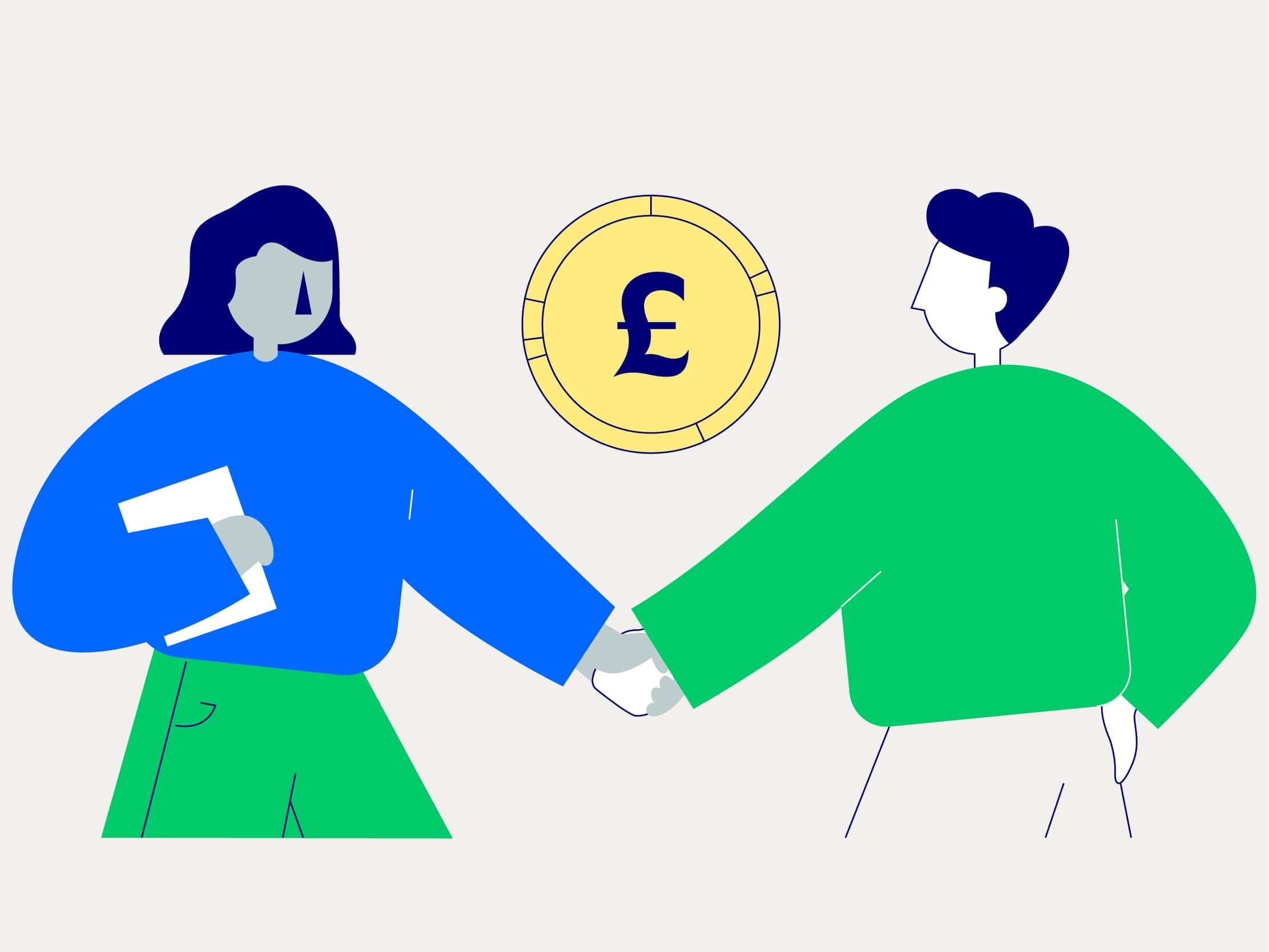 Illustration of two people shaking hands, with a large gold coin featuring a pound symbol (£) in the background, symbolising pay and rewards.