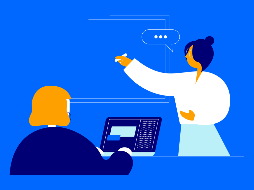 An illustration showing a tutor teaching an Online and On Campus learner in class, highlighting the engaging and professional nature of a Mindful Education course.