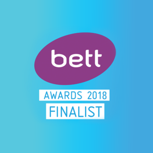 Graphic with text reading 'Bett Awards 2018 finalist' recognising Mindful Education as a finalist in the Higher Education or Further Education Digital Services category.
