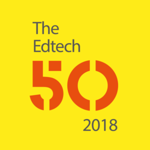 Graphic with text reading 'The Edtech 50 2018,' recognising Mindful Education as part of the Education Foundation’s Edtech 50 yearbook in 2018.