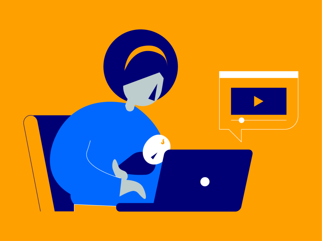 An illustration showing a mother holding a baby whilst looking at a laptop, symbolising the accessibility and opportunities for parents wanting to return to education.