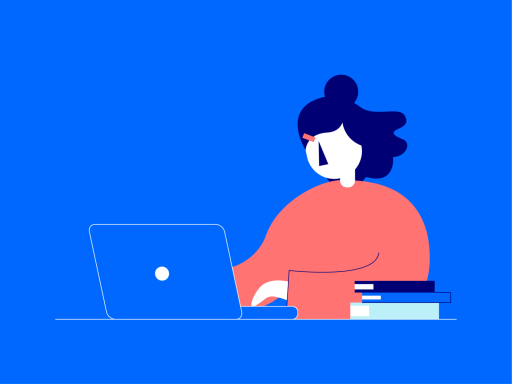 Illustration of a character on a laptop representing learners using the Mindful Education Virtual Learning Environment.