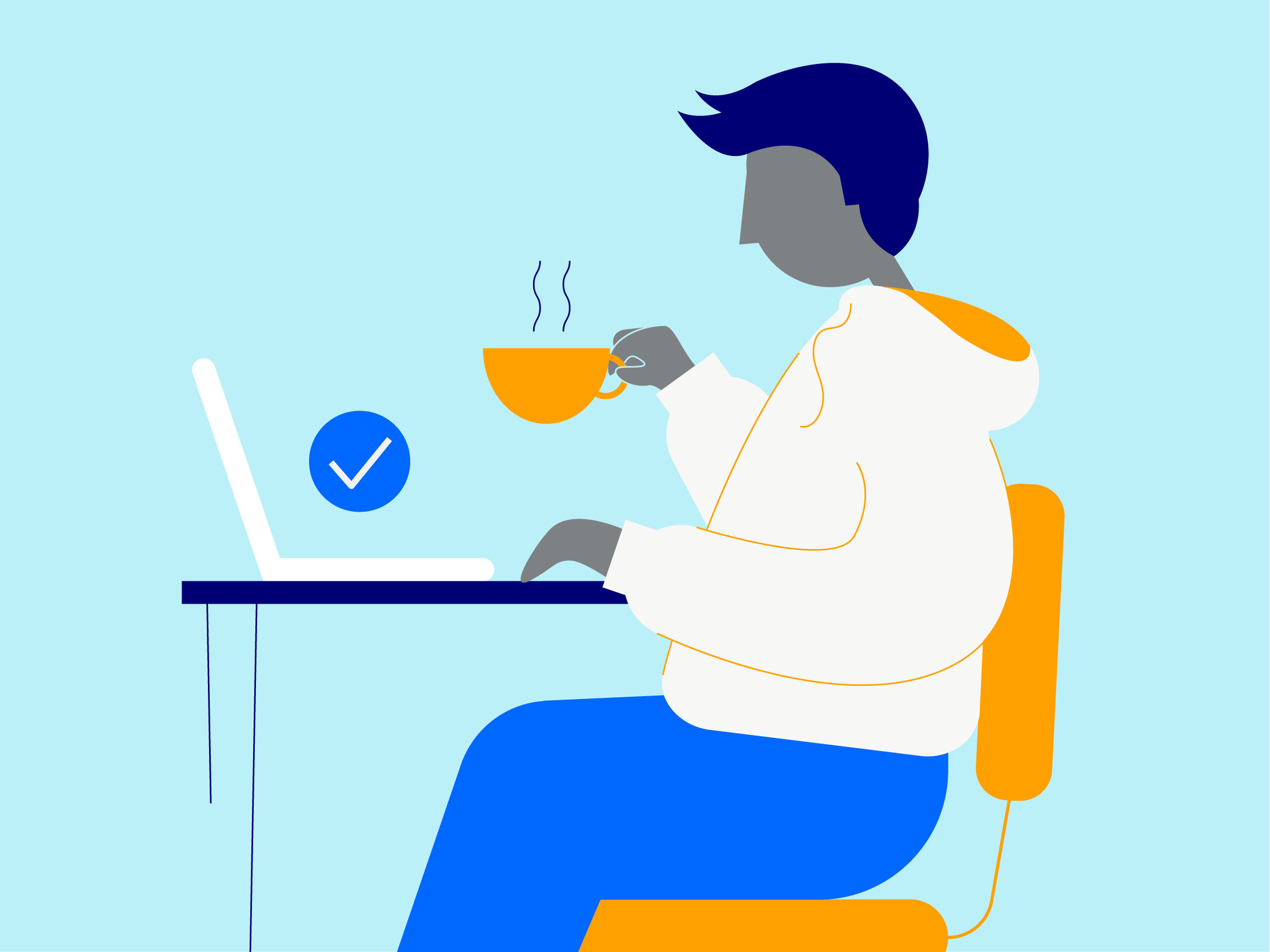 Illustration of an individual sitting at a desk on their laptop, drinking a beverage. A tick appears above the laptop, symbolising the individual successfully logging into the Virtual Learning Environment.