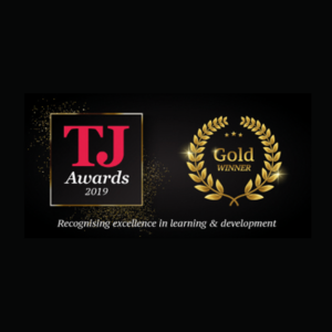 Graphic with text reading 'TJ Awards 2019, recognising excellence in learning and development' representing Mindful Education as the gold winner in 'Best Use of Technology in Learning' category.