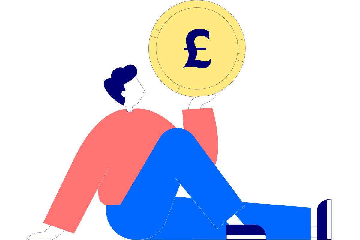 An illustrated character sat down and looking at an oversized coin, symbolising money and finances.
