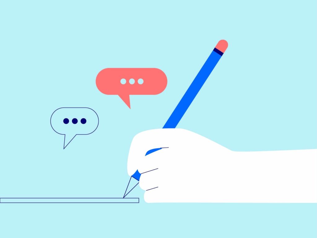 An illustration of a hand writing down notes, representing work ethic, skills and further education.