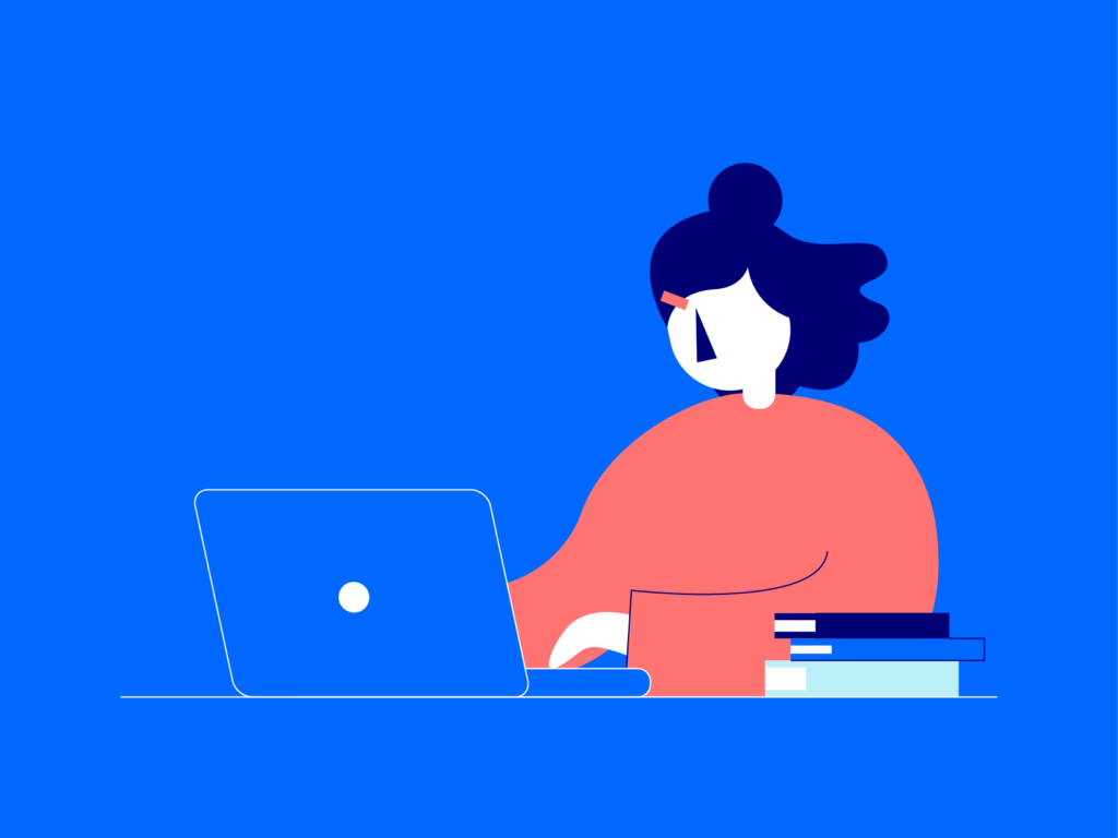 Illustration of a character on a laptop representing learners using the Mindful Education Virtual Learning Environment.
