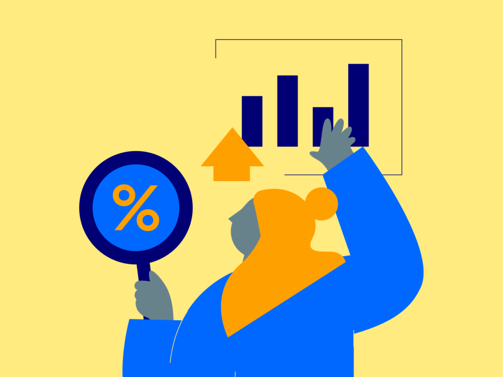 An illustration showing a character looking at a graph of statistics with a magnifying glass showing a percentage symbol in it, symbolising analysis and rich data.