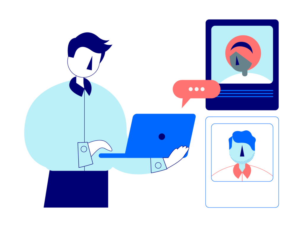 Three illustrated characters are shown, one is using a laptop whilst standing and the other two are shown in two floating tabs next to them, showing support and collaboration.