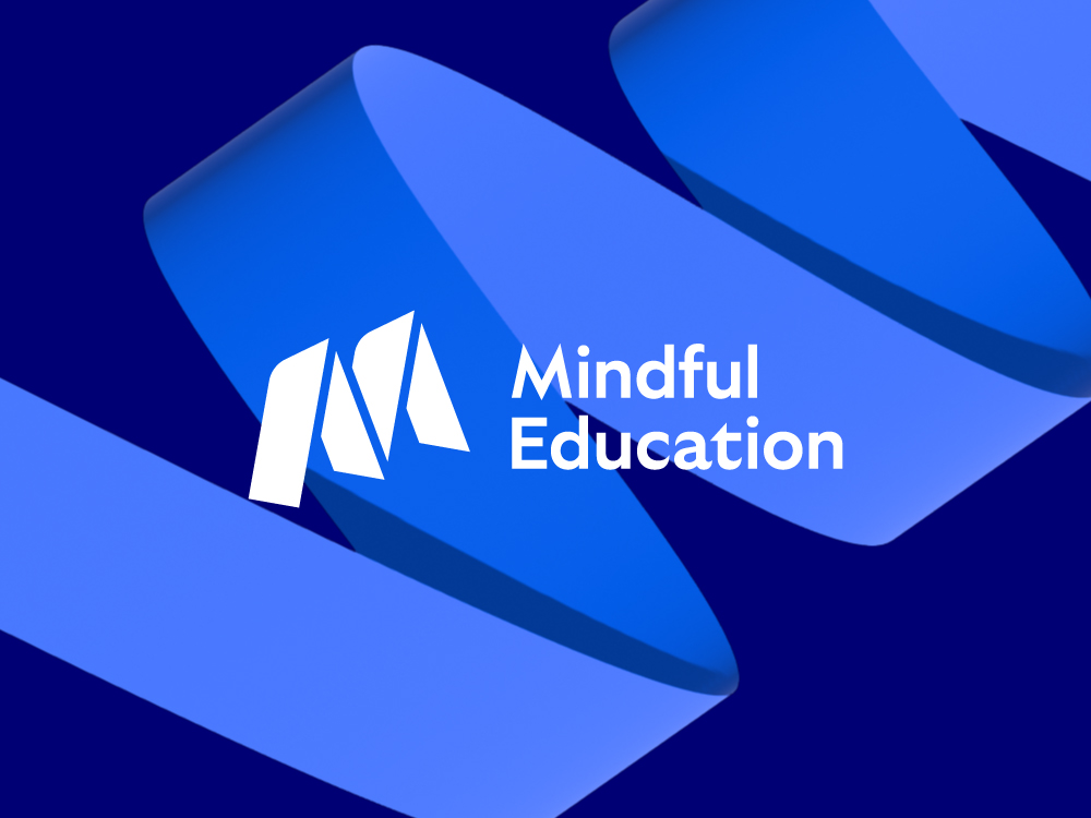 An image showing the Mindful Education logo on a blue background with a blue ribbon running through the background, representing Mindful Education's new branding.