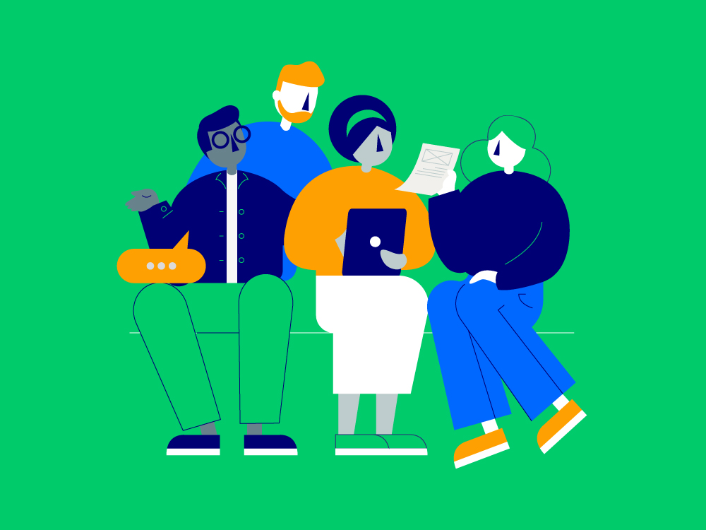 Illustration of four characters, three sitting down and one standing up. All are speaking with one another, symbolising teamwork and collaboration.