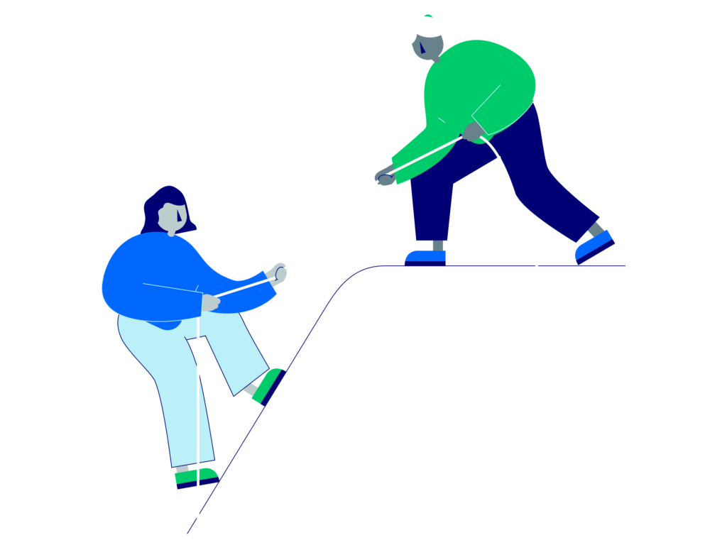 An illustrated image of two characters, with one pulling up the other with a rope. This symbolises teamwork and partnership.