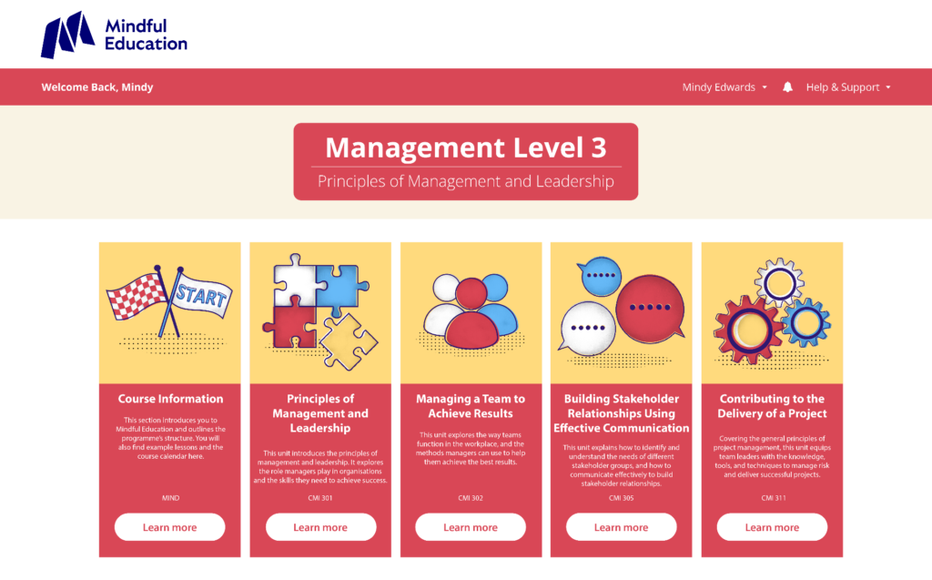 A screenshot of the Mindful Education Online and On Campus level 3 CMI management Virtual Learning Environment.