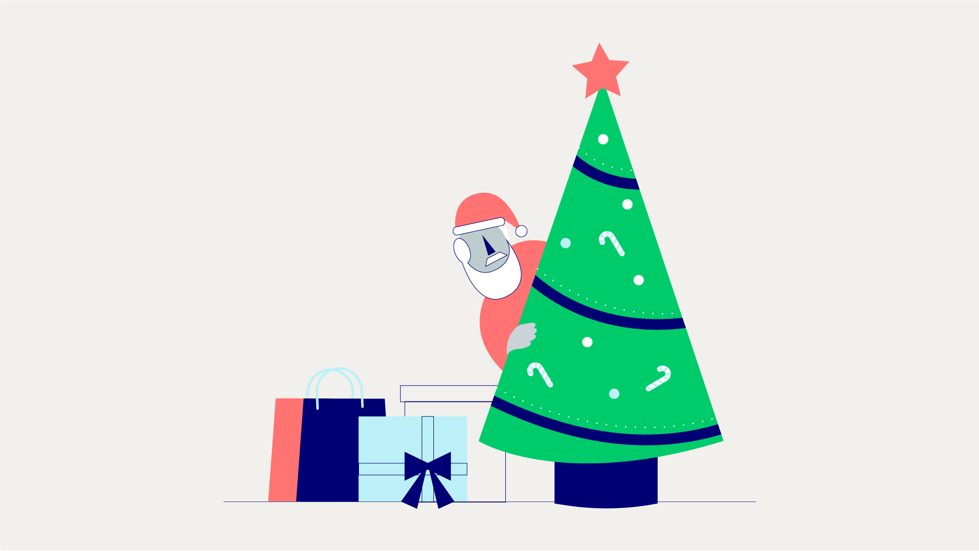 An illustration showing Santa Claus peeking from behind a Christmas tree.