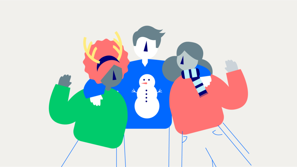 Three illustrated characters in Christmas attire, showing the character in the middle with his arms around the other two characters.