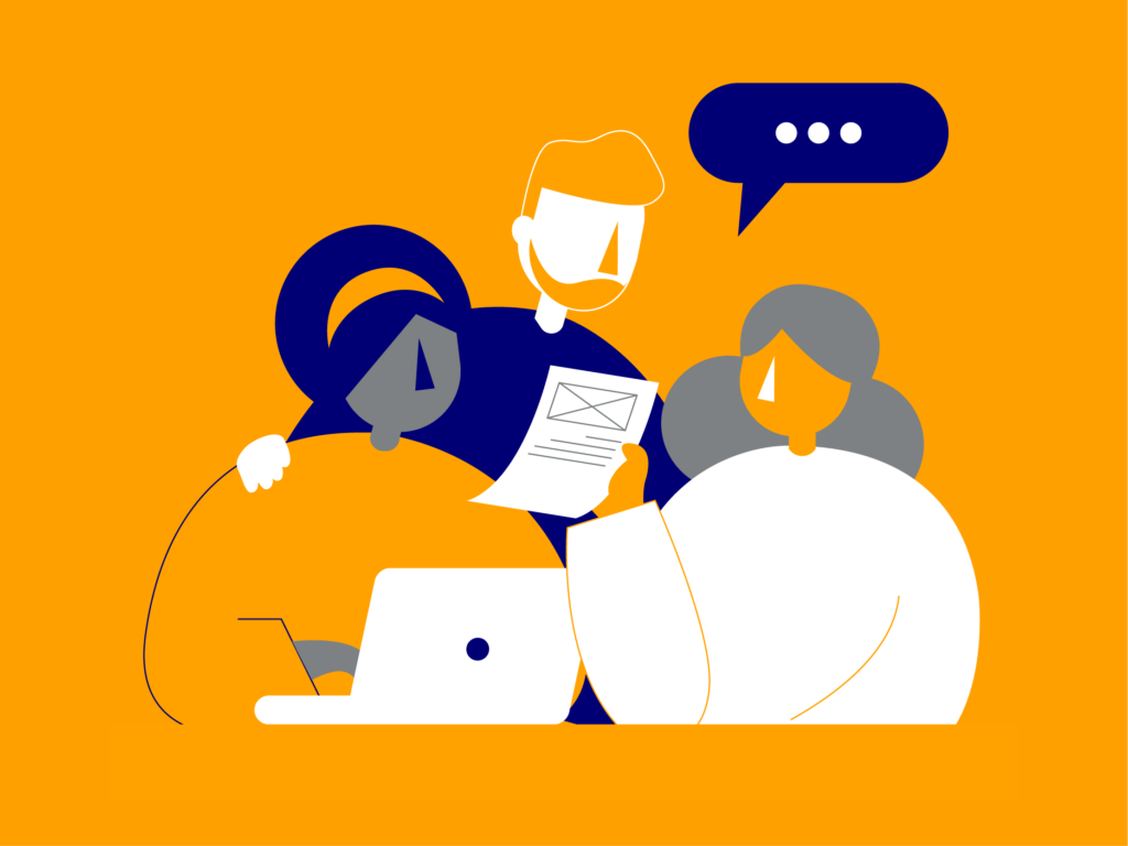 An illustration of three characters, one is sat down with a laptop, one is holding a report and the other is engaged in a conversation with the other two. This symbolises collaborative work.