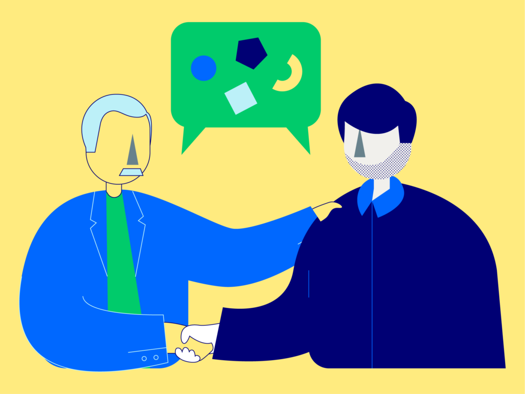 An illustration of two professional characters shaking hand with an illustrated speech bubble above them, symbolising partnership and collaboration.