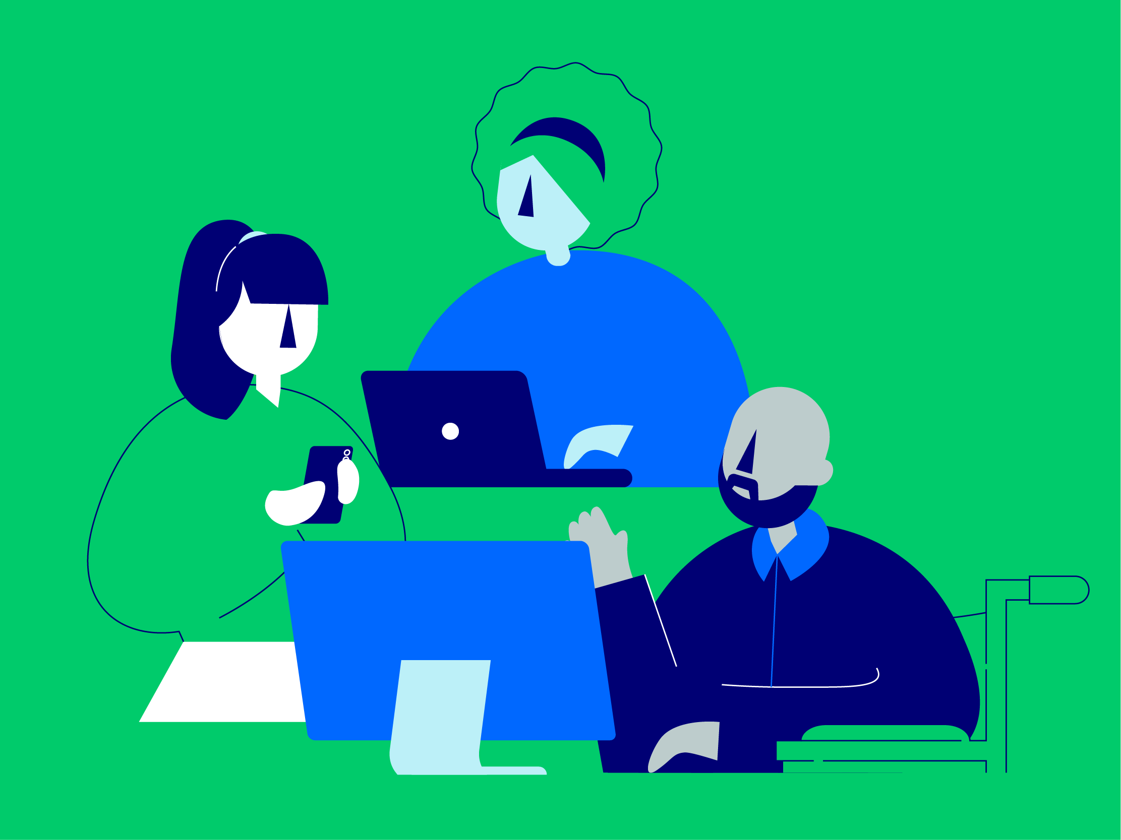Illustration of three individuals, using a phone, laptop and desktop, representing the accessibility of Mindful Education courses and apprenticeships.