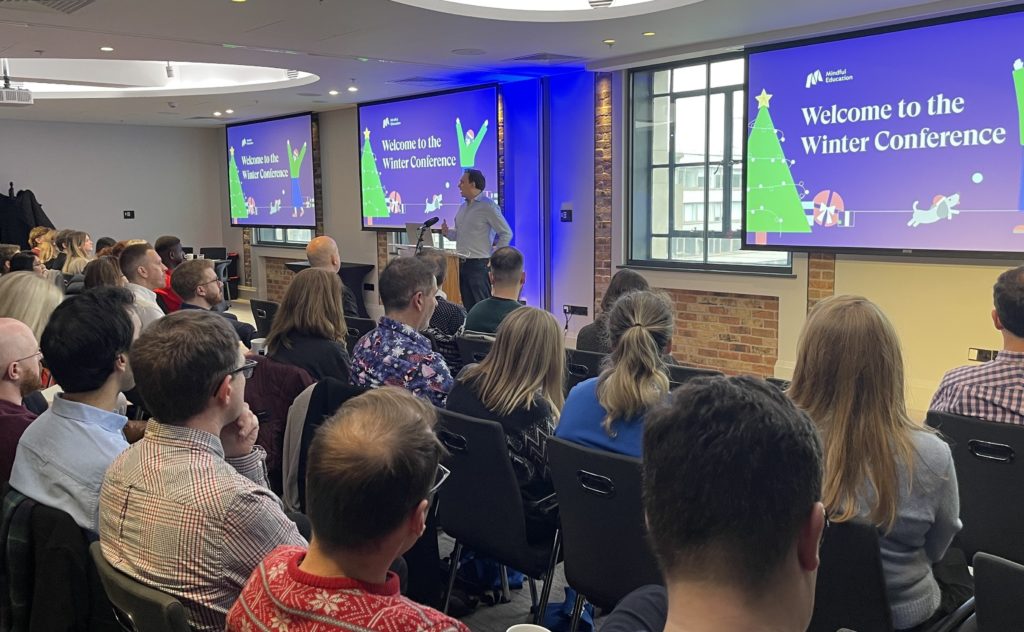 Mindful Education's Managing Director, Mark McKenna, speaking to Mindful Education employees at their annual company Winter Conference.