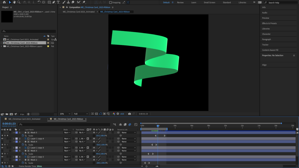 A screenshot of an animation software showing the creation of the 2023 Mindful Education Christmas card, showing a green ribbon being edited.