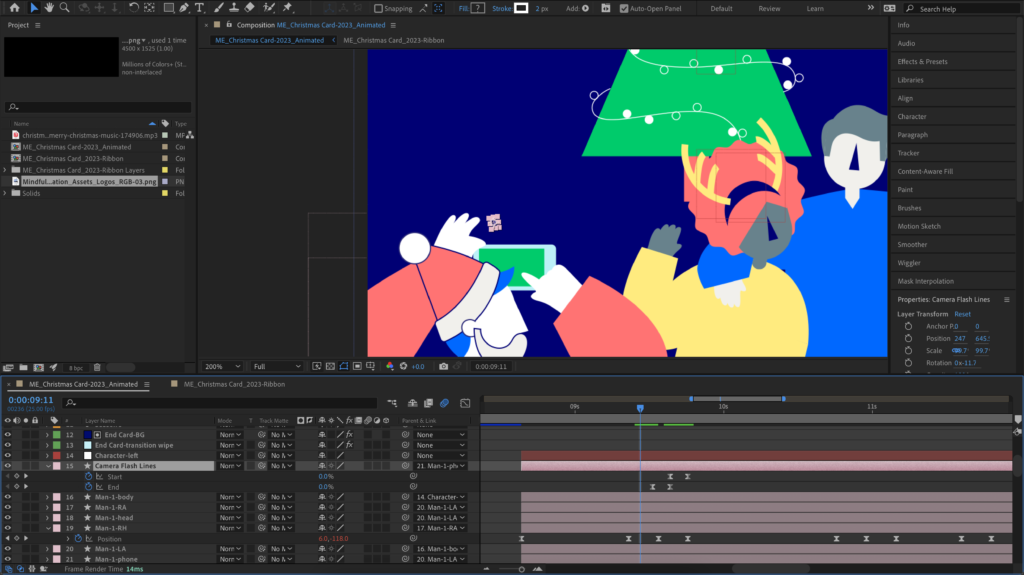 A screenshot of an animation software showing the creation of the 2023 Mindful Education Christmas card, showing three illustrated characters being edited.
