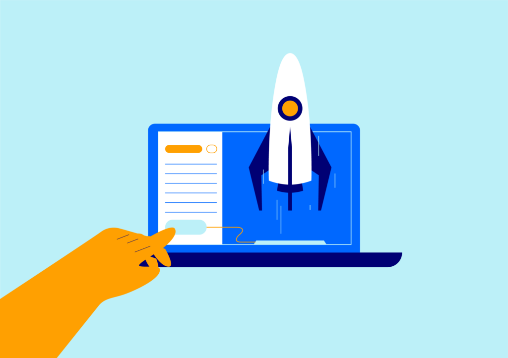 An illustration of a finger pointing to a laptop with a rocket blasting off the screen, symbolising the launch of new blended learning courses and apprenticeships.