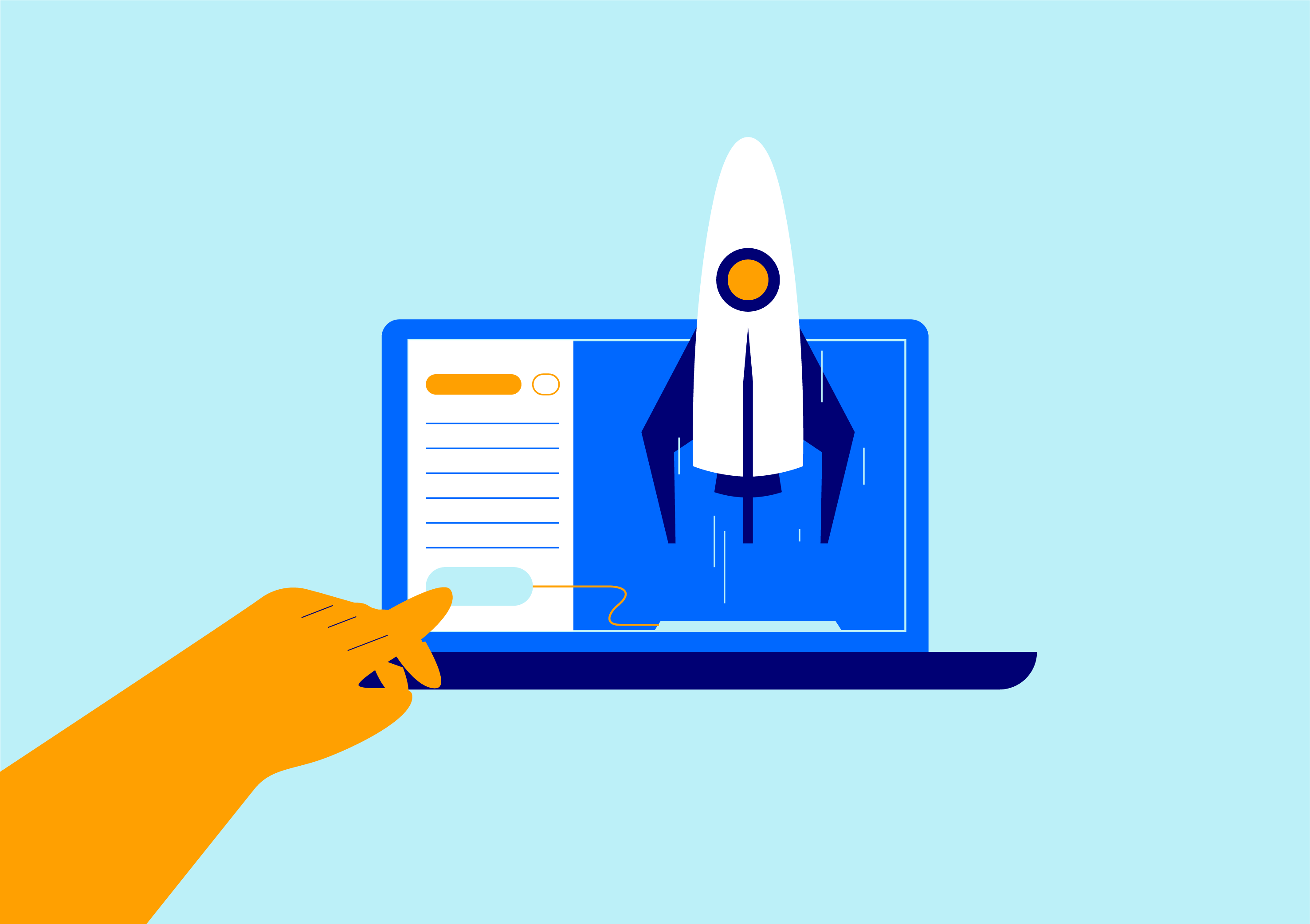 An illustration of a finger pointing to a laptop with a rocket blasting off the screen, symbolising the launch of new blended learning courses and apprenticeships.