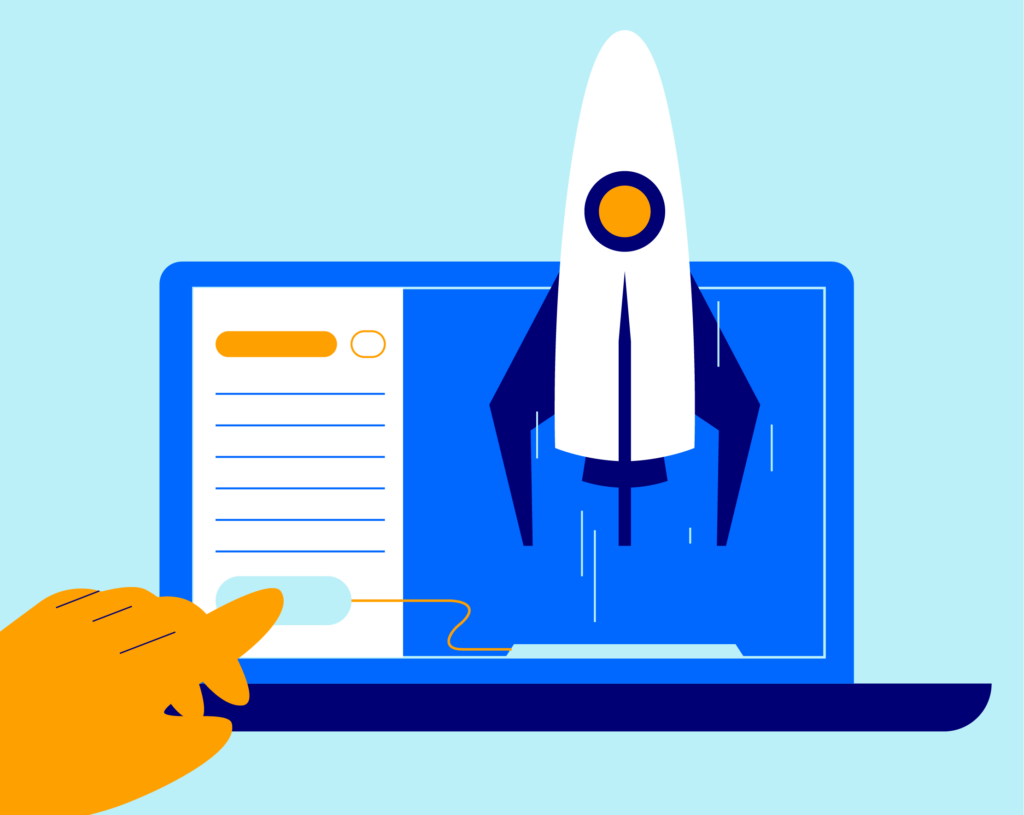 An illustrative image showing a hand pointing to a laptop with a rocket launching out of the screen, symbolising the launch of professional courses and apprenticeships.