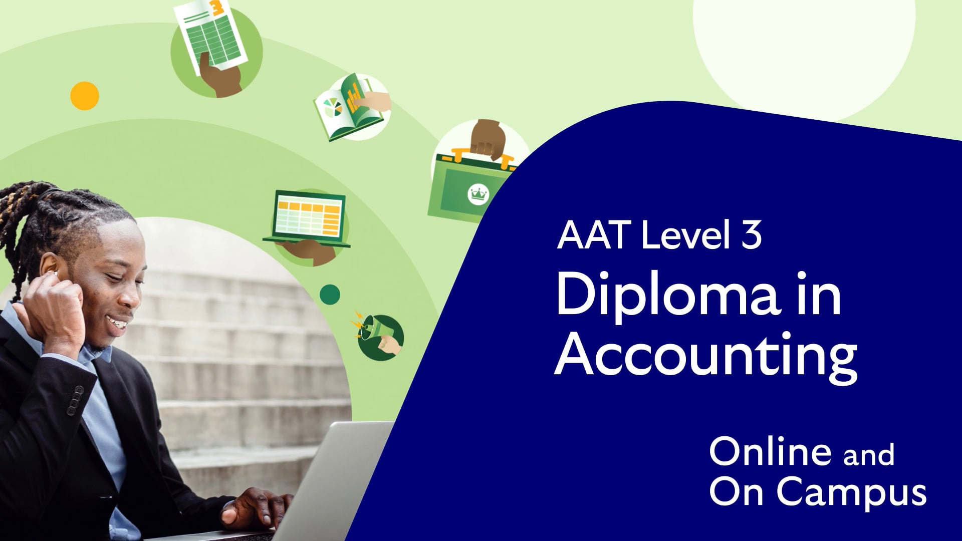 Level 3 Online and On Campus Diploma in Accounting video cover image, showing a learner engaged whilst smiling at his laptop.