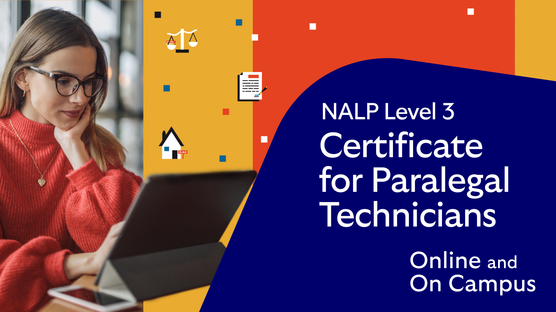 Cover image for the NALP level 3 Online and On Campus Certificate for Paralegal Technicians course video, which shows a learner using her laptop.