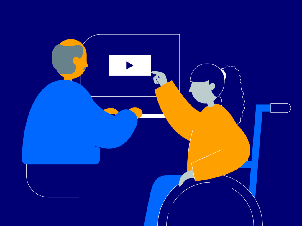 An illustration showing two characters, one in sitting at a desktop next to a character in a wheelchair who is pointing to the screen of the desktop. This show accessibility and opportunity for all.