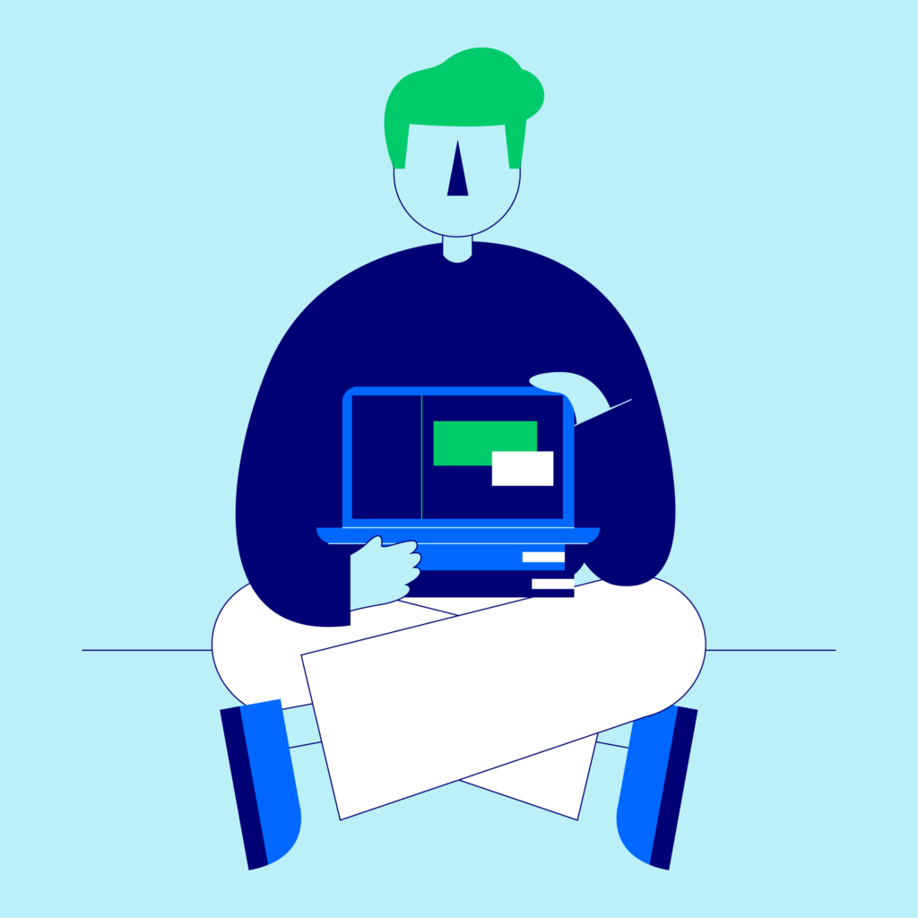 An illustrated image of a learner sat down, holding a laptop, representing accessibility of the Mindful Education VLE.