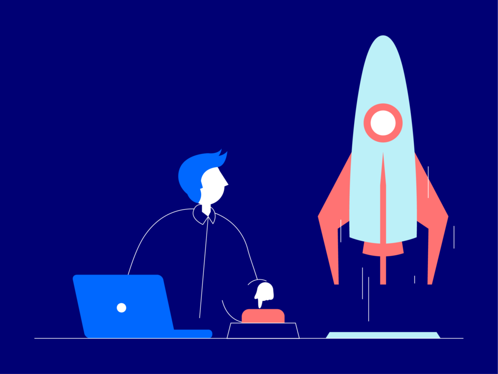 An illustration showing a character pressing a large button next to an open laptop whilst looking besides him at a rocket ship launching into the sky.