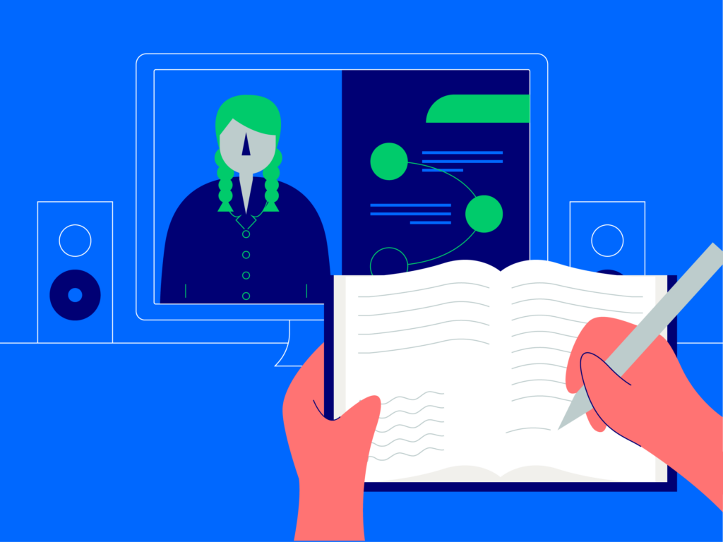 An illustrated image showing a hand, writing notes in a book with a desktop in front and showing an educational video. Symbolising the Mindful Education Virtual Learning Environment and learners.