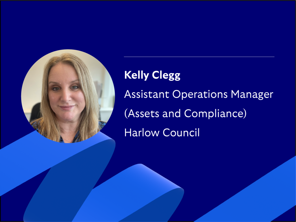 Image of CMI level 5 learner, Kelly Clegg, on a blue background with her name and job title written as Assistant Operations Manager for Harlow council.