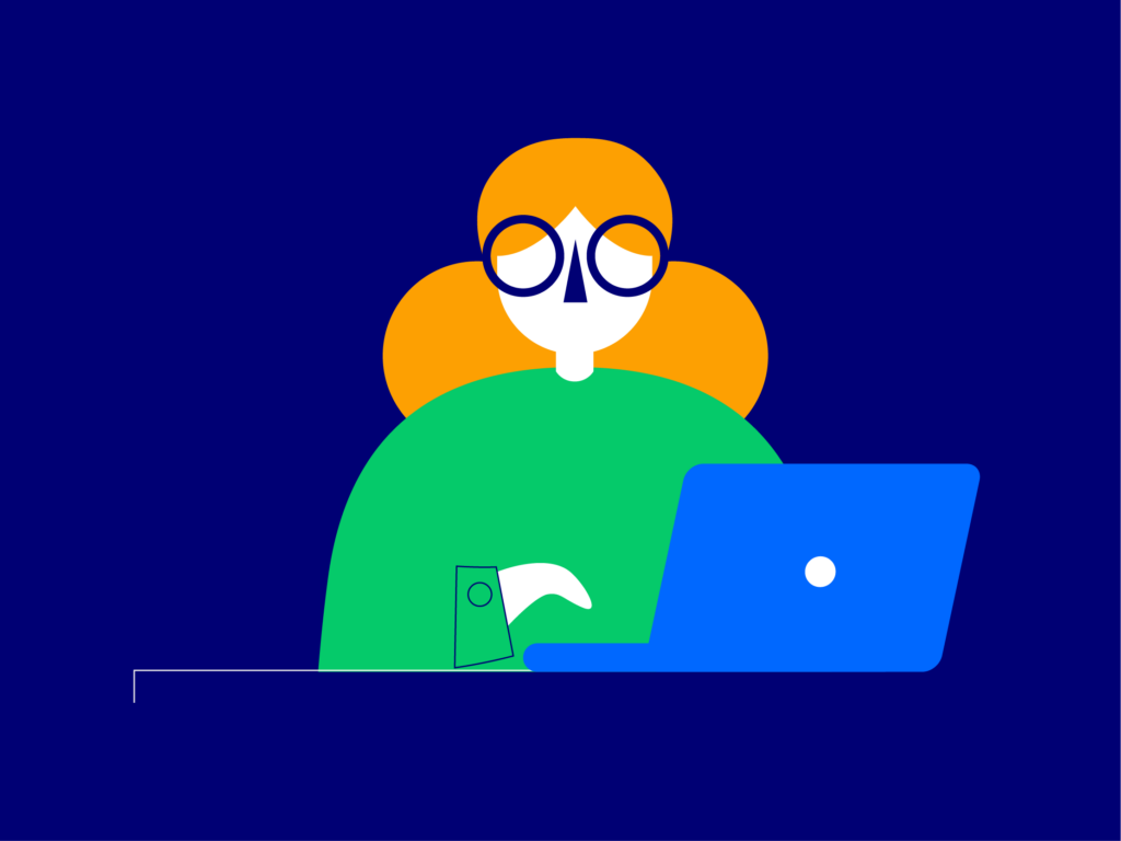 Image of an illustrated character using a laptop, symbolising the Mindful Education Virtual Learning Environment.