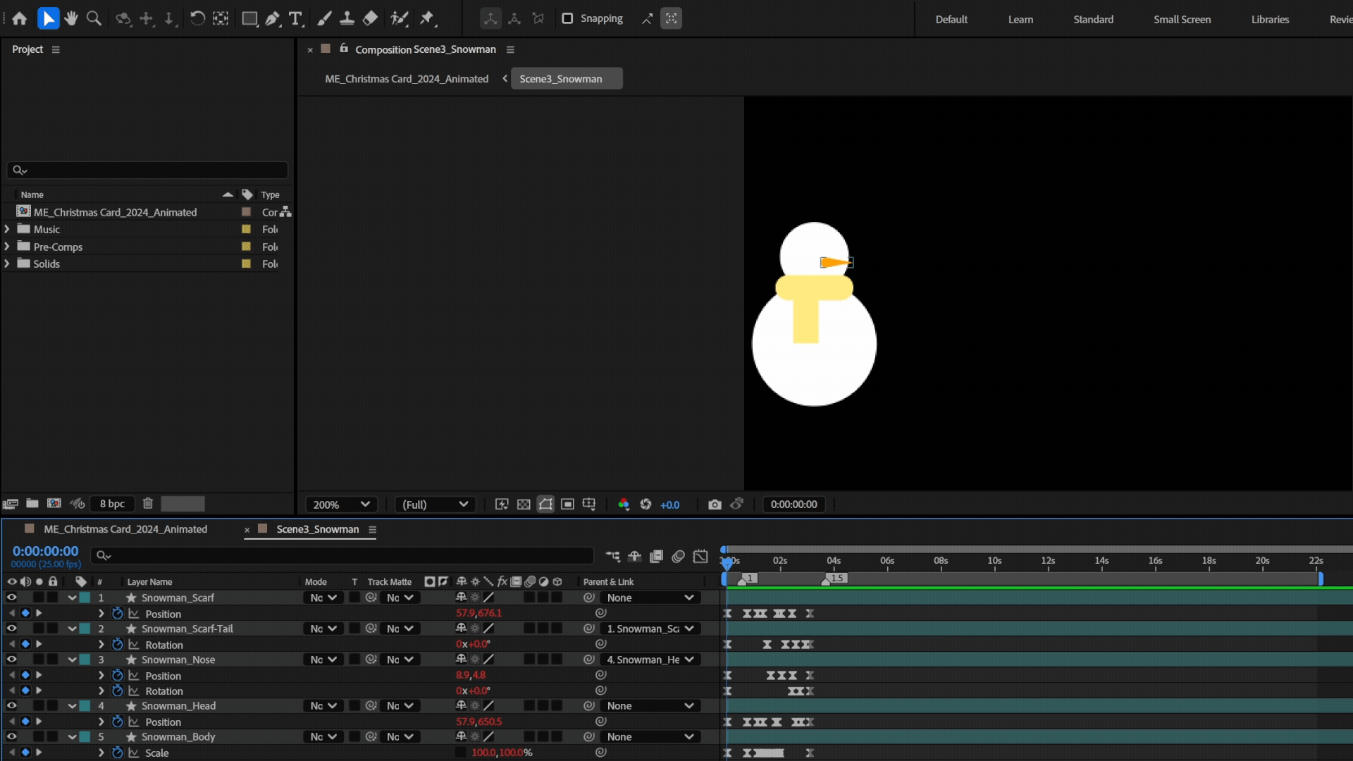 GIF of an animated snowman in an editing software, jumping in the air whilst deconstructed and landing in one piece.