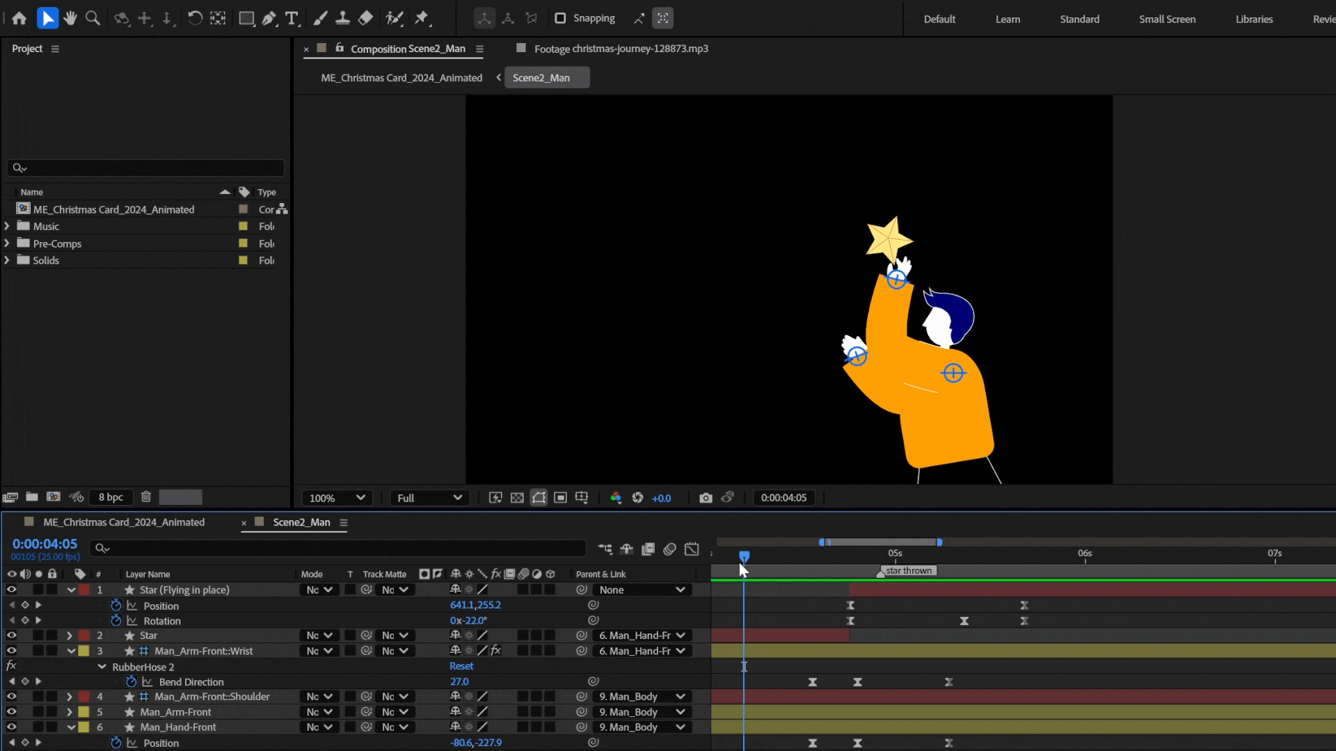 GIF of an animated character in an editing software throwing a Christmas star into the air.