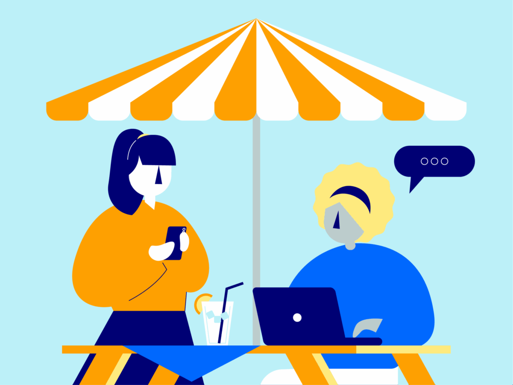 An illustration of two characters in conversation, under a parasol. Both engaged with their devices, showcasing blended learning.