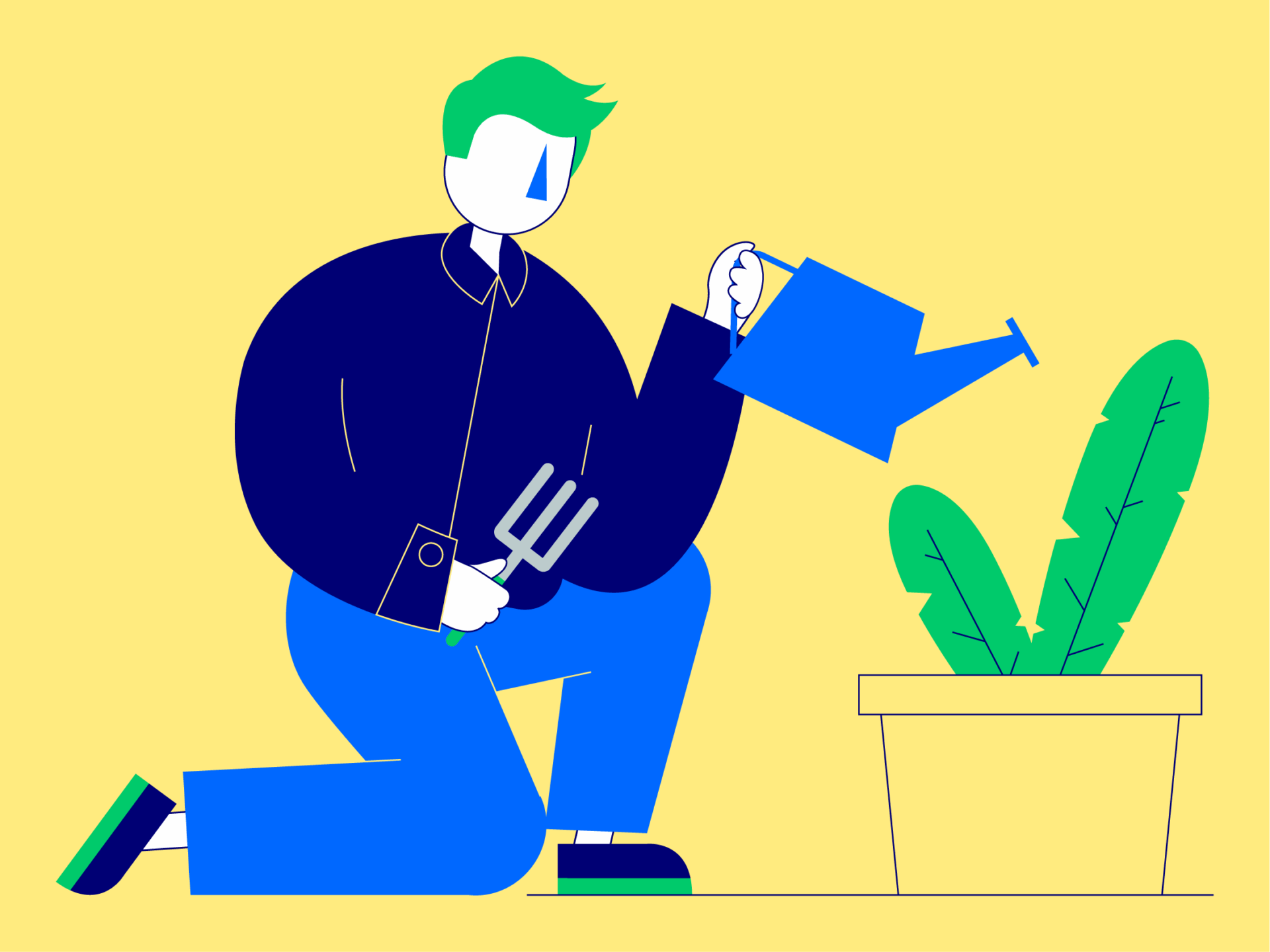 Illustration of an individual bent down next to a plant, with a watering can in one hand, watering the plant, symbolising the growth of a career