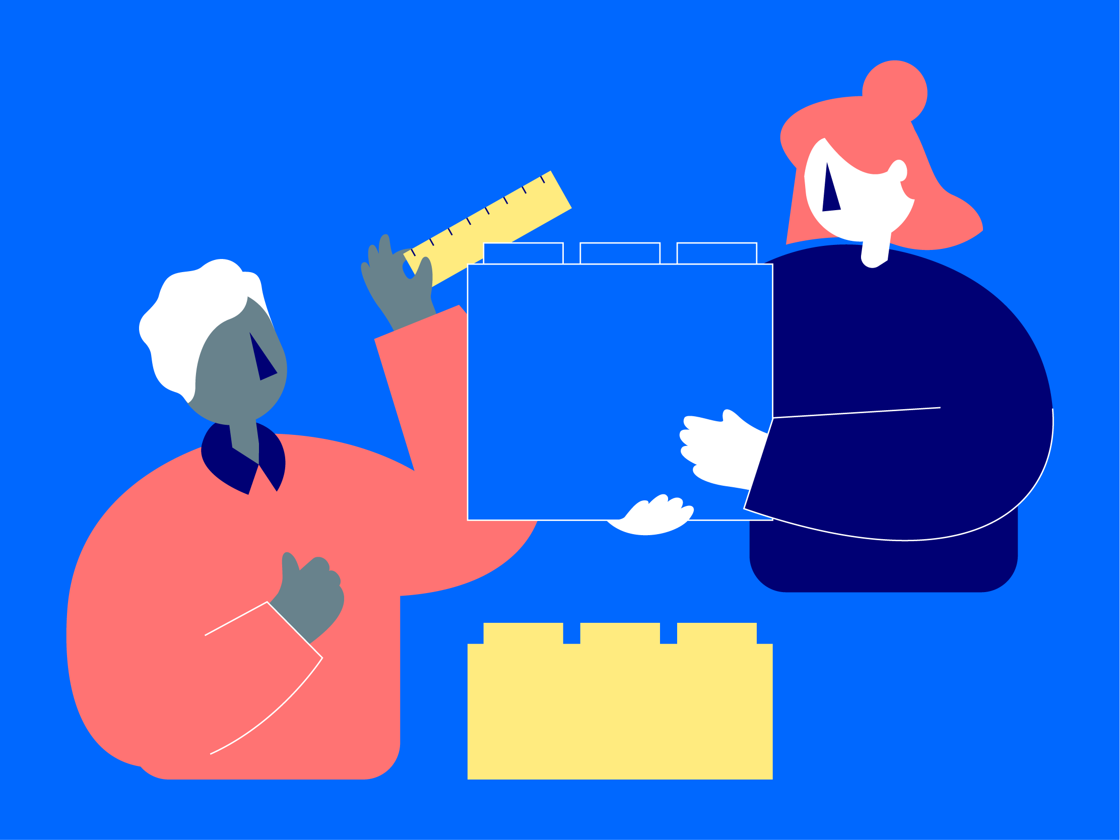 An illustration of two characters stacking building blocks, showing teamwork and collaboration.