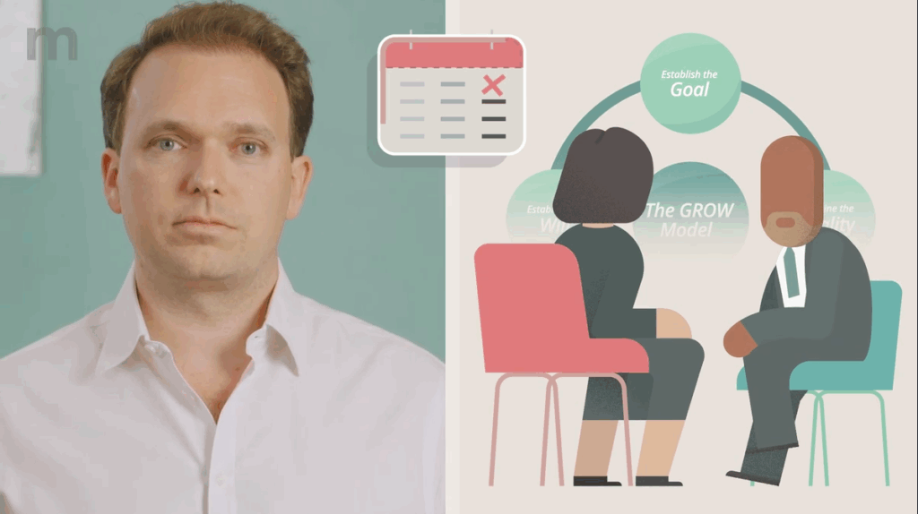 A screenshot of Mindful Education's director next to an illustration of two professional avatars conversing.