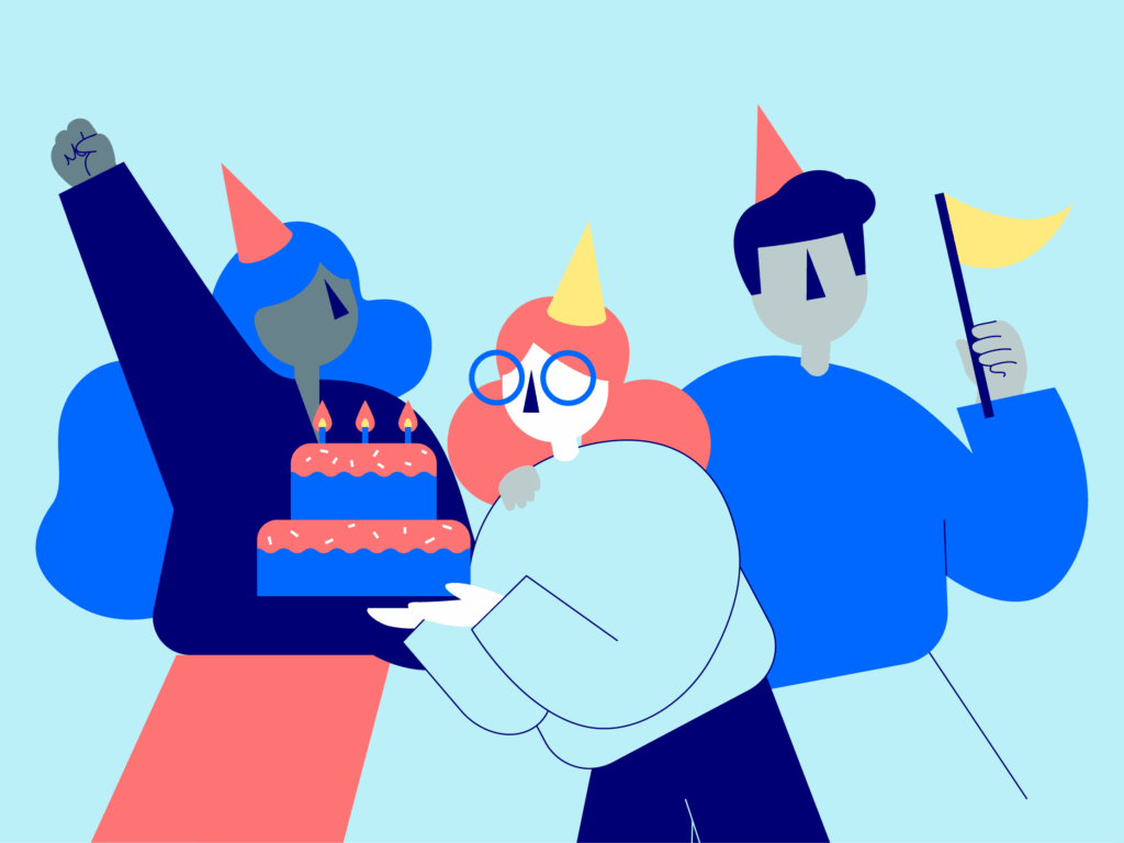 An illustration showing three avatars waving mini flags and celebrating with a birthday cake, marking Mindful Educations 10th year as a business.