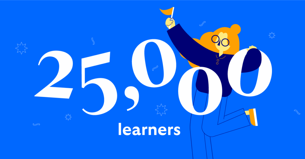 An illustration of a character celebrating 25,000 learners on a blue background, holding a small flag.