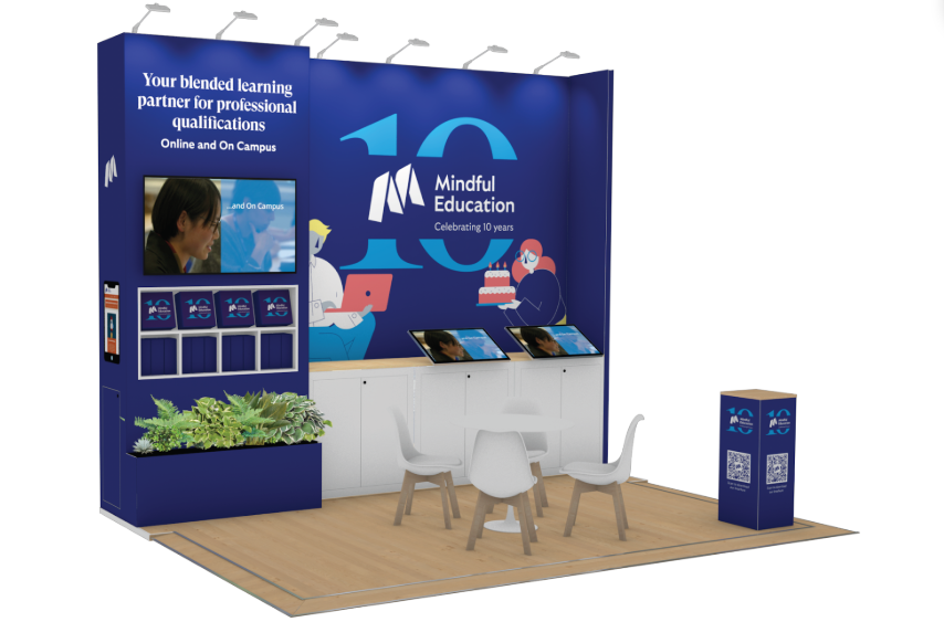 An image showing Mindful Educations stand for an industry event. The image shows a constructed stand made especially to celebrate Mindful Educations 10th birthday.