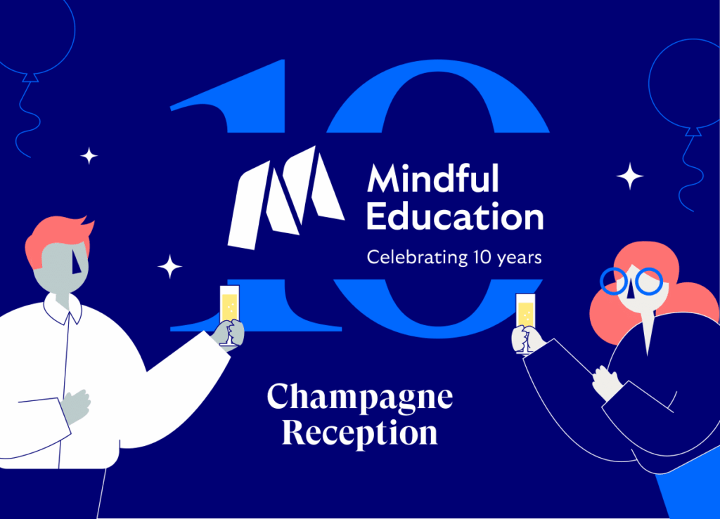 An image, showing an invitation to Mindful Education's drink reception. The image shows two characters holding champagne glasses.