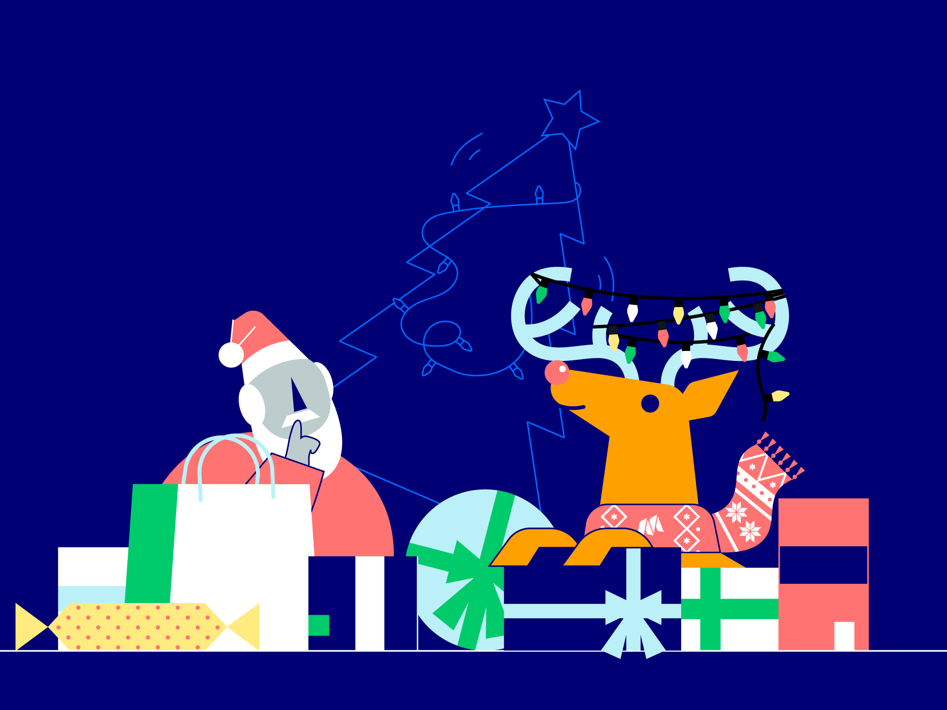 An illustration of Santa Claus hushing Rudolph the reindeer as they are sat around many presents.